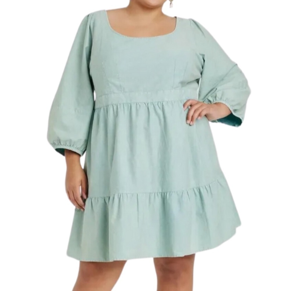 Ava + Viv Plus Size Light Blue Tiered‎ Square Neck Balloon Sleeve Midi Dress